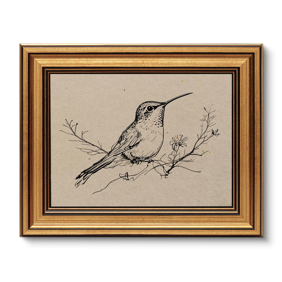 VIYYIEA Vintage Gold Framed Wall Art – Hummingbird Sketch, 8x10 IN