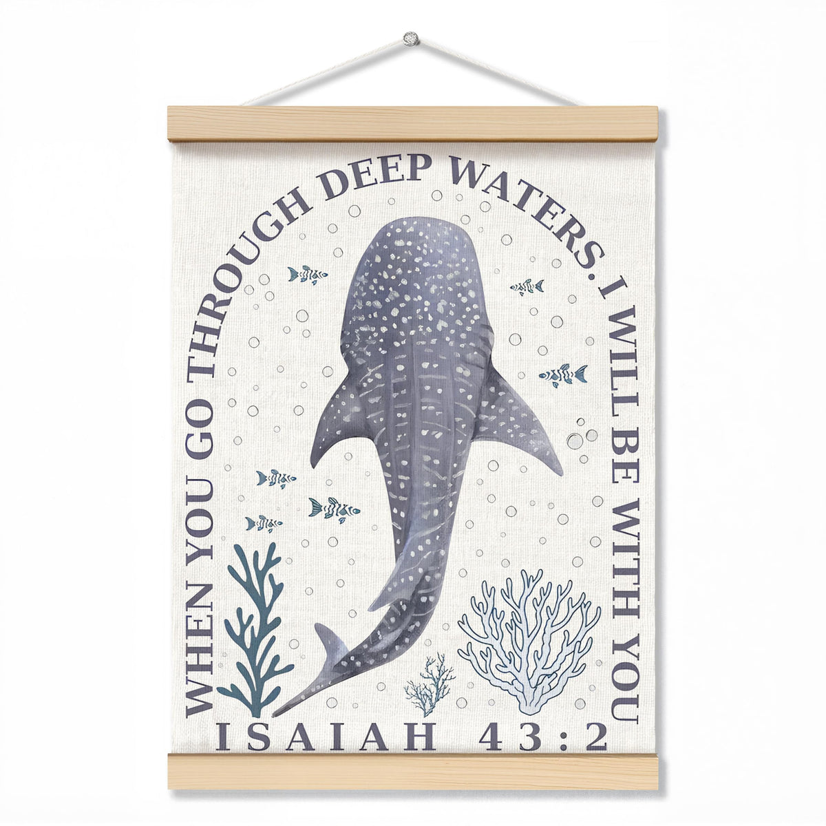 ZNGFON Trendy Whale Shark Christian Wall Decor, When You Go Through Deep Waters I Will Be With You Isaiah 43:2 Wall Art Poster with Wooden Frame, Blue Bible Verse Wall Hanging Home Decor, 12x16 Inch