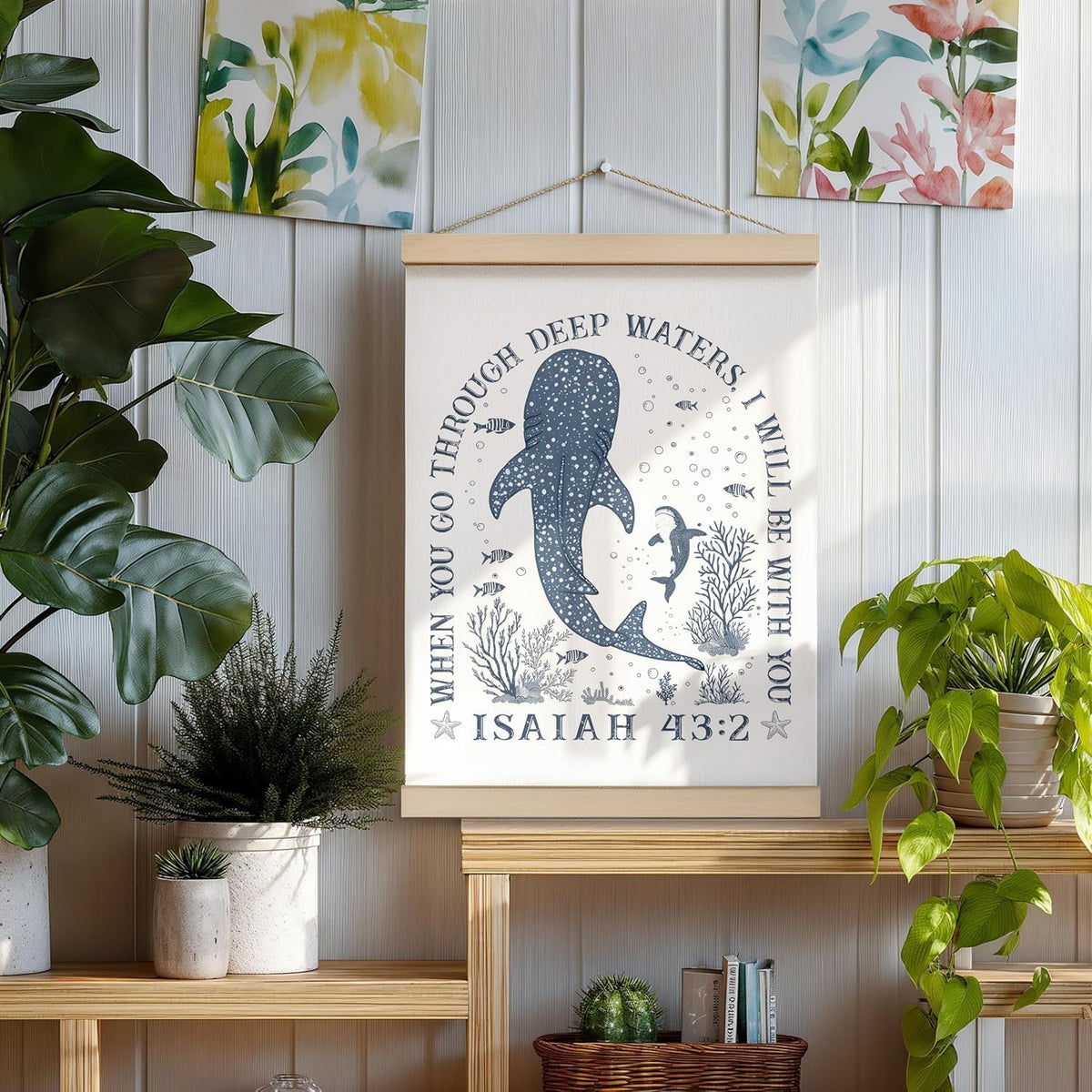 ZNGFON Trendy Whale Shark Christian Wall Decor, When You Go Through Deep Waters I Will Be With You Isaiah 43:2 Wall Art Poster with Wooden Frame, Blue Bible Verse Wall Hanging Home Decor, 12x16 Inch