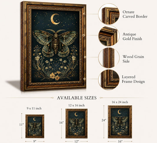 Vintage Gold Framed Butterfly Canvas Wall Art Dark Academia Gothic Moths and Moon Painting Picture Wall Decor Retro Victorian Botanical Insect Flower Poster Print Artwork for Living Room Bedroom