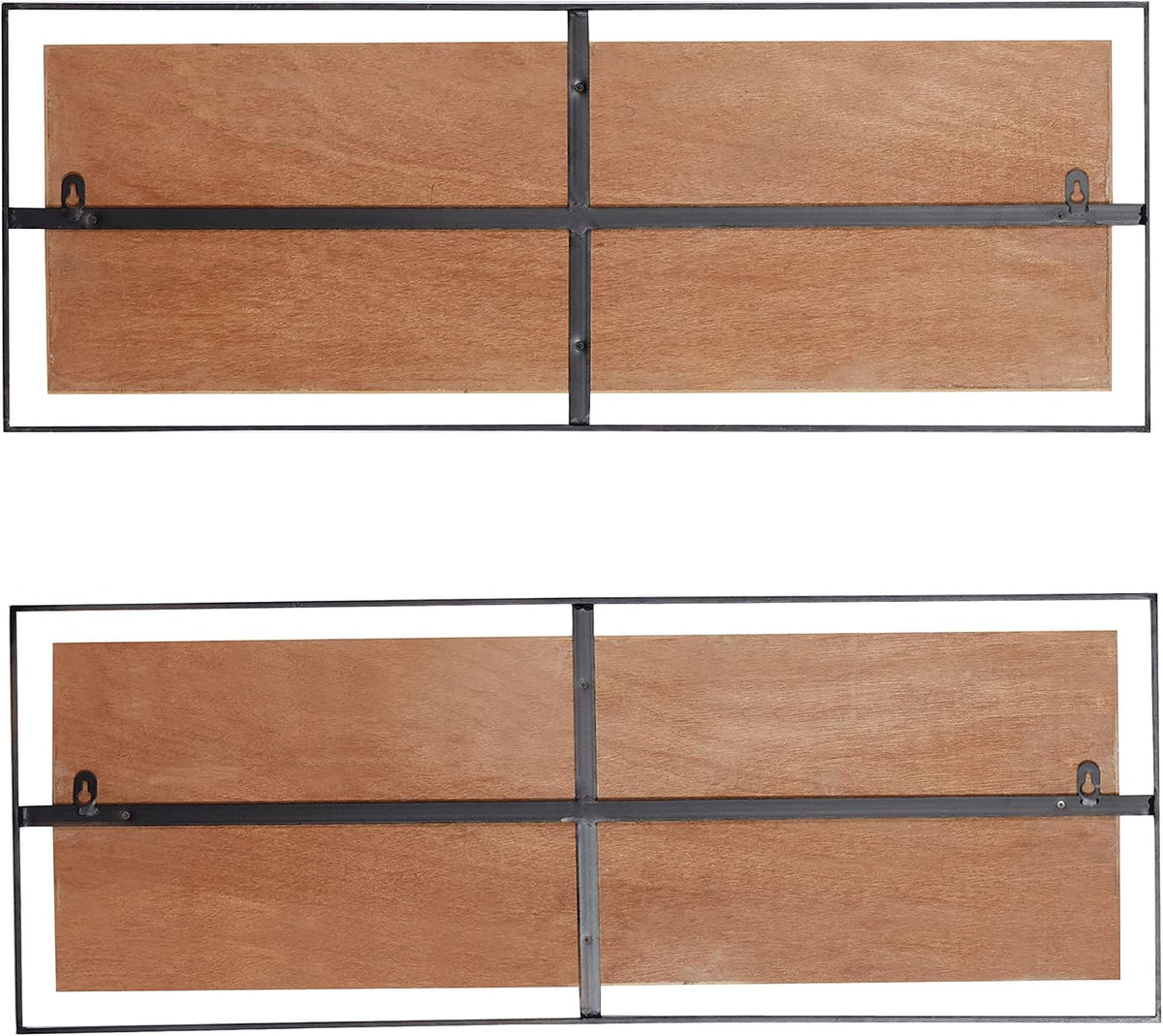 Deco 79 Wooden Geometric Home Wall Decor Linear Carved Wall Sculpture with Black Frame, Set of 2 Wall Art 32"W, 12"H, Brown