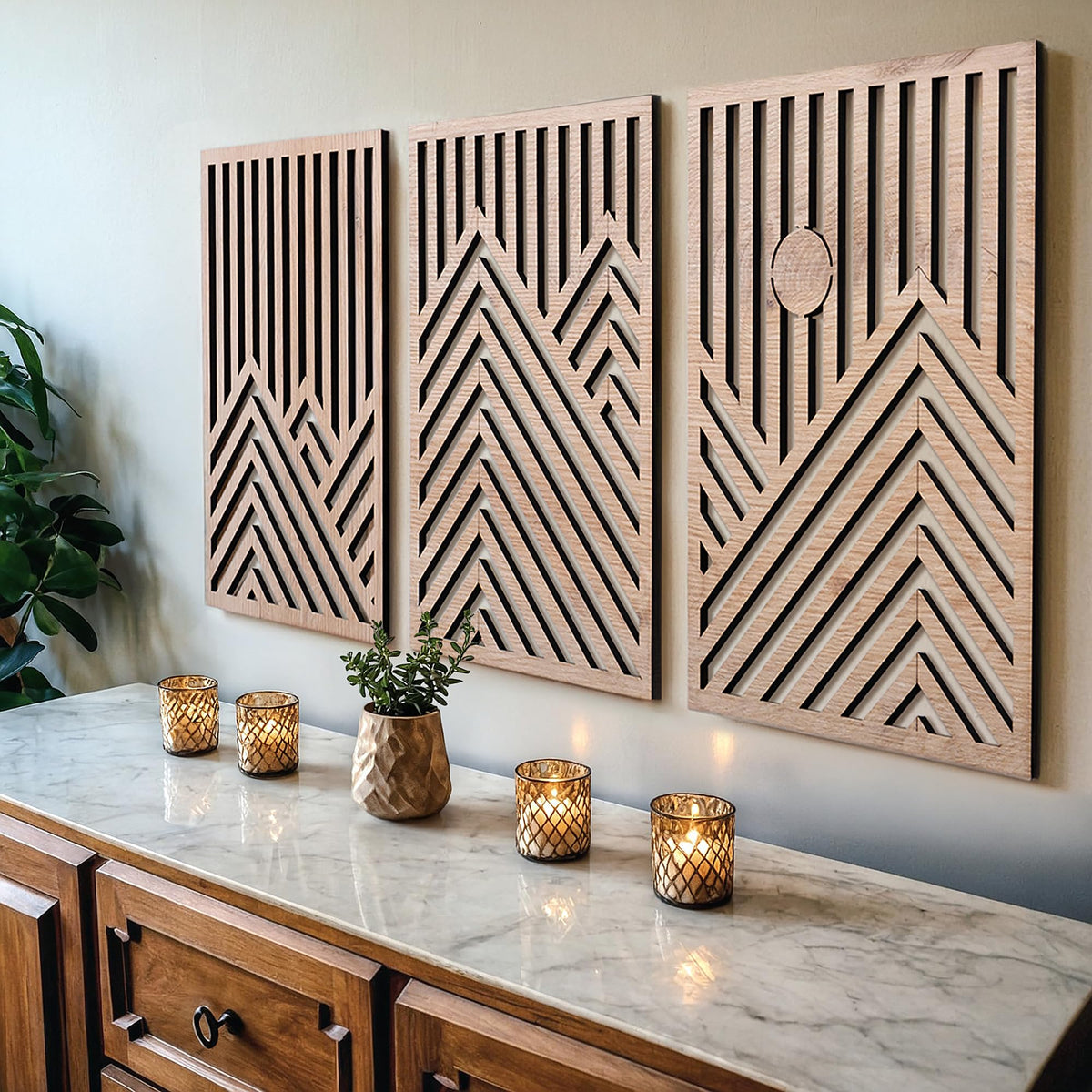 qmmp Modern Wooden Wall Sculptures - Set of 3 - Home Decor Accent - Large Wall Art for Living Room, Bedroom, Office - Easy Installation (Walnut, Medium - Tree Leaves)