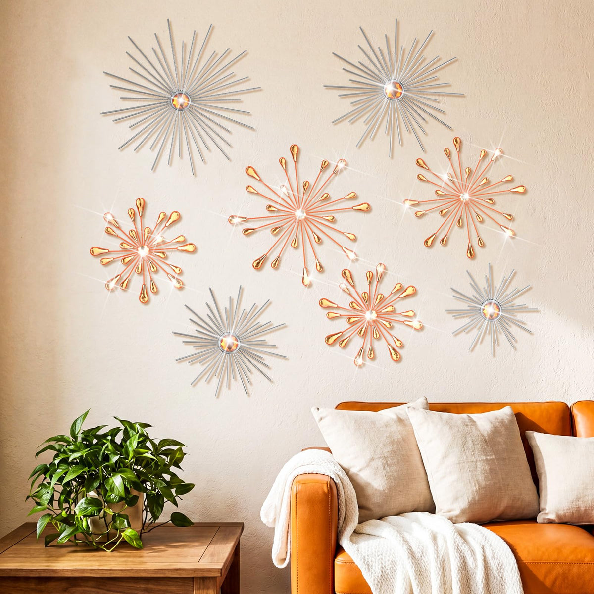 Blulu 8 Pcs Silver Metal Starburst Wall Art, 3D Crystal Teardrop Rhinestone Wall Sculptures, Modern Mid Century Hanging Accents Decor for Living Room Bedroom Entryway Office Home Decoration