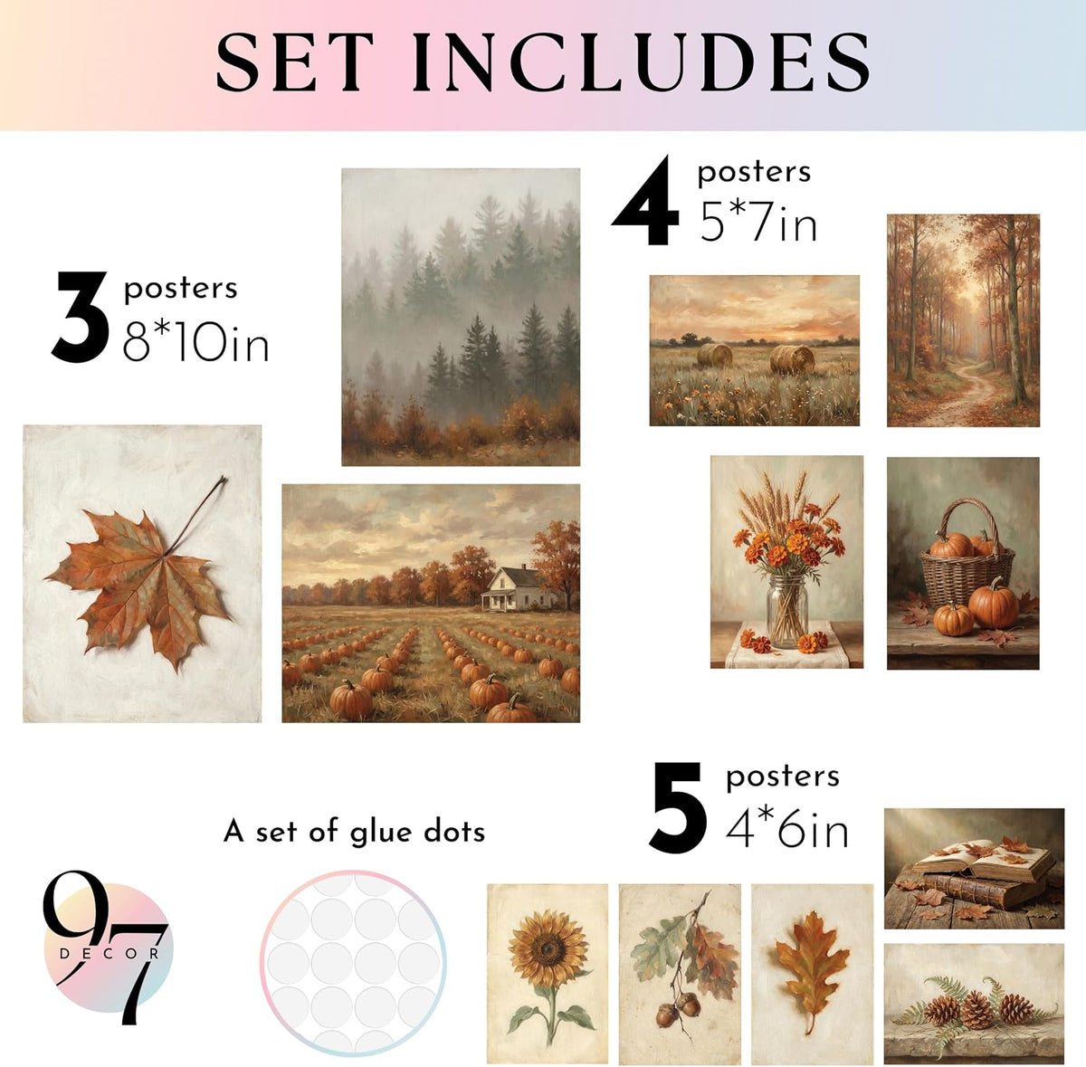 12Pcs Gallery Fall Wall Art Prints, Unframed Vintage Autumn Poster for Home