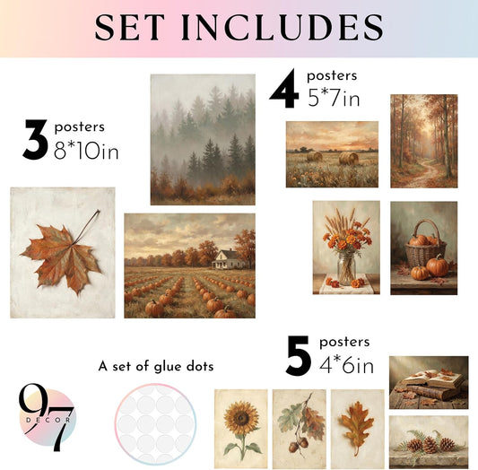 12Pcs Gallery Fall Wall Art Prints, Unframed Vintage Autumn Poster for Home