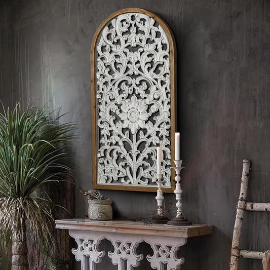 WREVERW Rustic Boho Arched Wood Wall Art, Hand-Carved Floral Pane