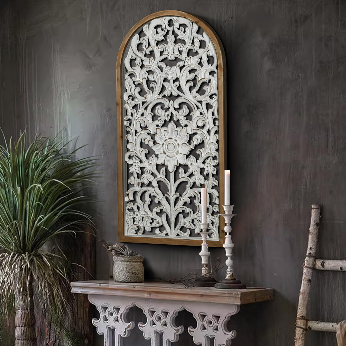 WREVERW Rustic Boho Arched Wood Wall Art, Hand-Carved Floral Pane