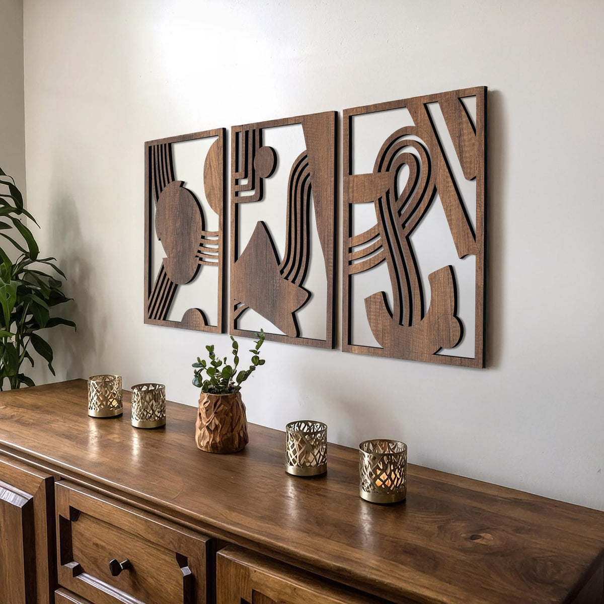 qmmp Modern Wooden Wall Sculptures - Set of 3 - Home Decor Accent - Large Wall Art for Living Room, Bedroom, Office - Easy Installation (Walnut, Medium - Tree Leaves)