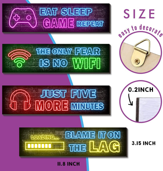4 Pcs Printed Neon Gaming Posters, Teen Boys Room Decorations, gamer wall art Decor for bedroom Wooden