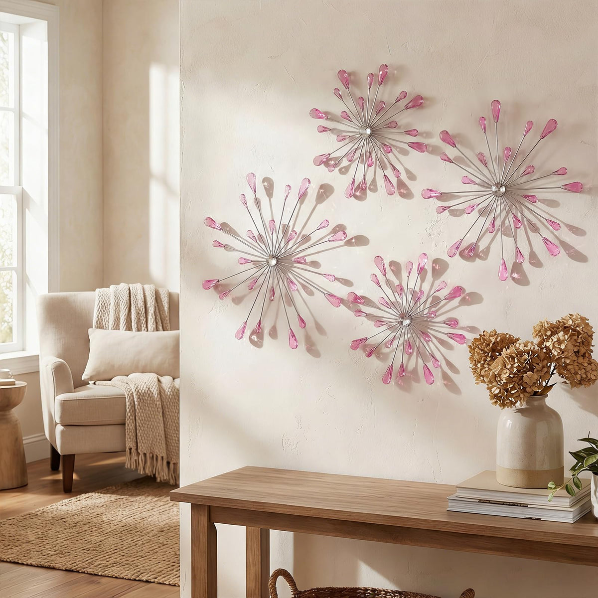 ZEXUIRU 3 Set Silver Starburst Wall Art for Home Decor Metal Bling Crystal Rhinestones Sunburst Wall Decor Sparkling Rhinestone Art Accent Silver - 13in