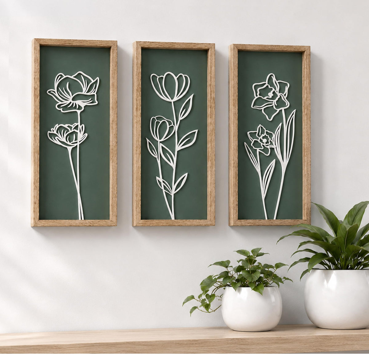 Tide and Tales Floral 3D Green Wall Art, Botanical Wall Decor, Set of 2