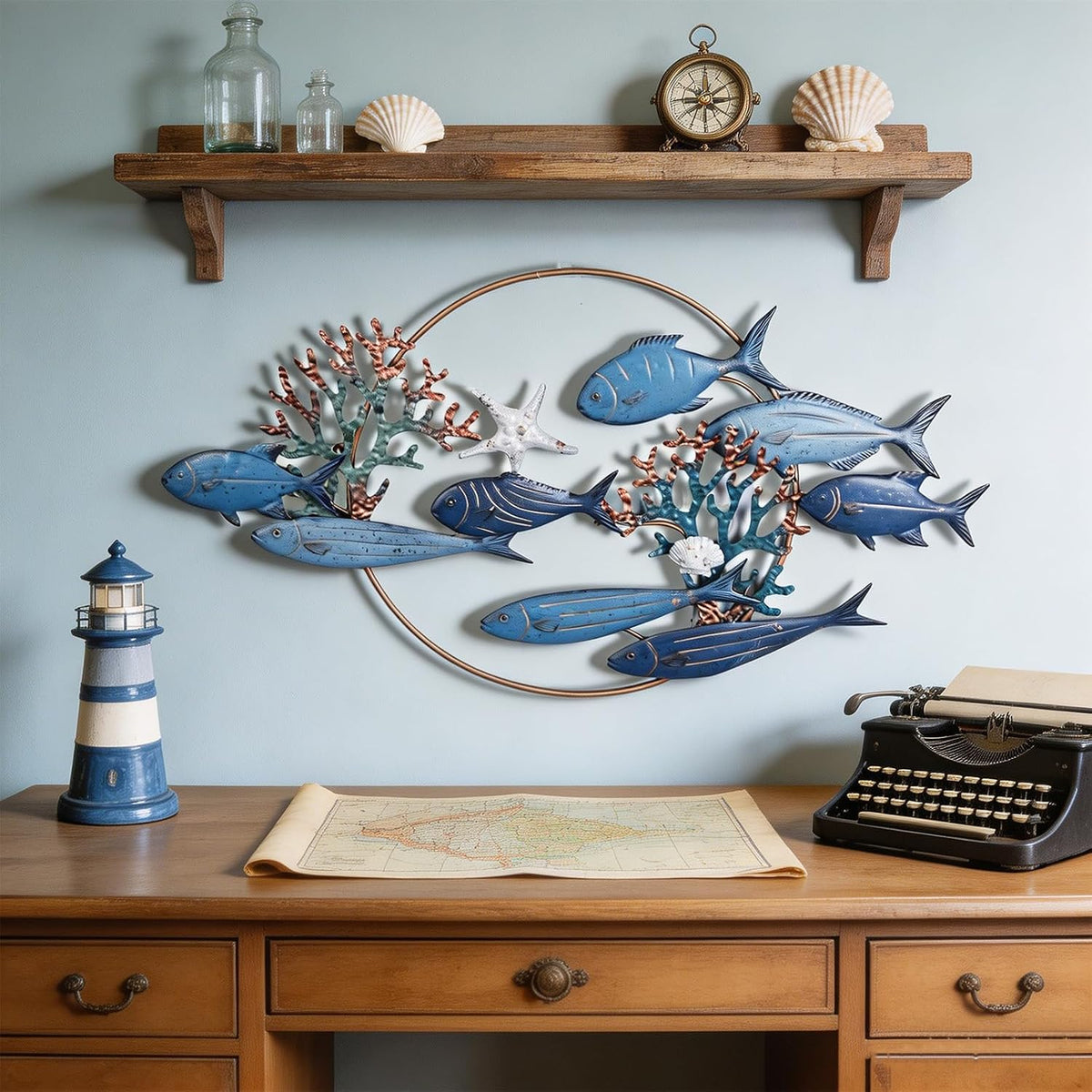 SHENGTIAN Large Metal Fish Wall Art, Fish Wall Decor, Coastal Nautical Wall Art, Outdoor Indoor School of Fish Wall Sculpture, Hanging Metal Fish Art for Living Room Bedroom Beach Home Decor