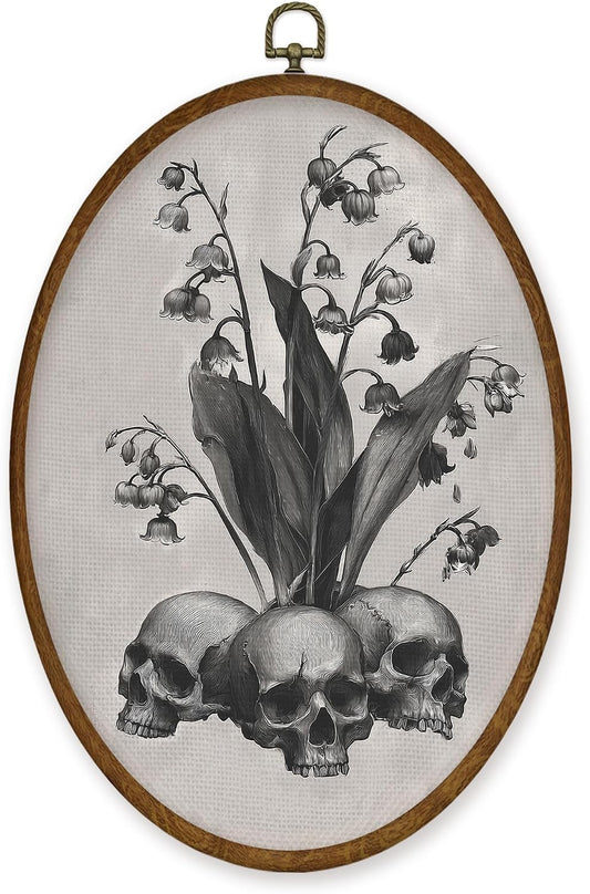 WULQYING Vintage Skull Flowers Wall Art Decor, Dark Cottagecore Academia Gothic Oval Framed Canvas Art Prints, Goth Witchy Skull Wall Hanging Decor for Home Bedroom Living Room, 8.6x11.4 Inches