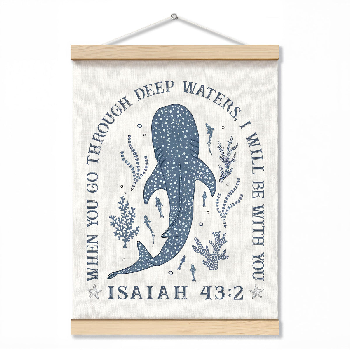 ZNGFON Trendy Whale Shark Christian Wall Decor, When You Go Through Deep Waters I Will Be With You Isaiah 43:2 Wall Art Poster with Wooden Frame, Blue Bible Verse Wall Hanging Home Decor, 12x16 Inch
