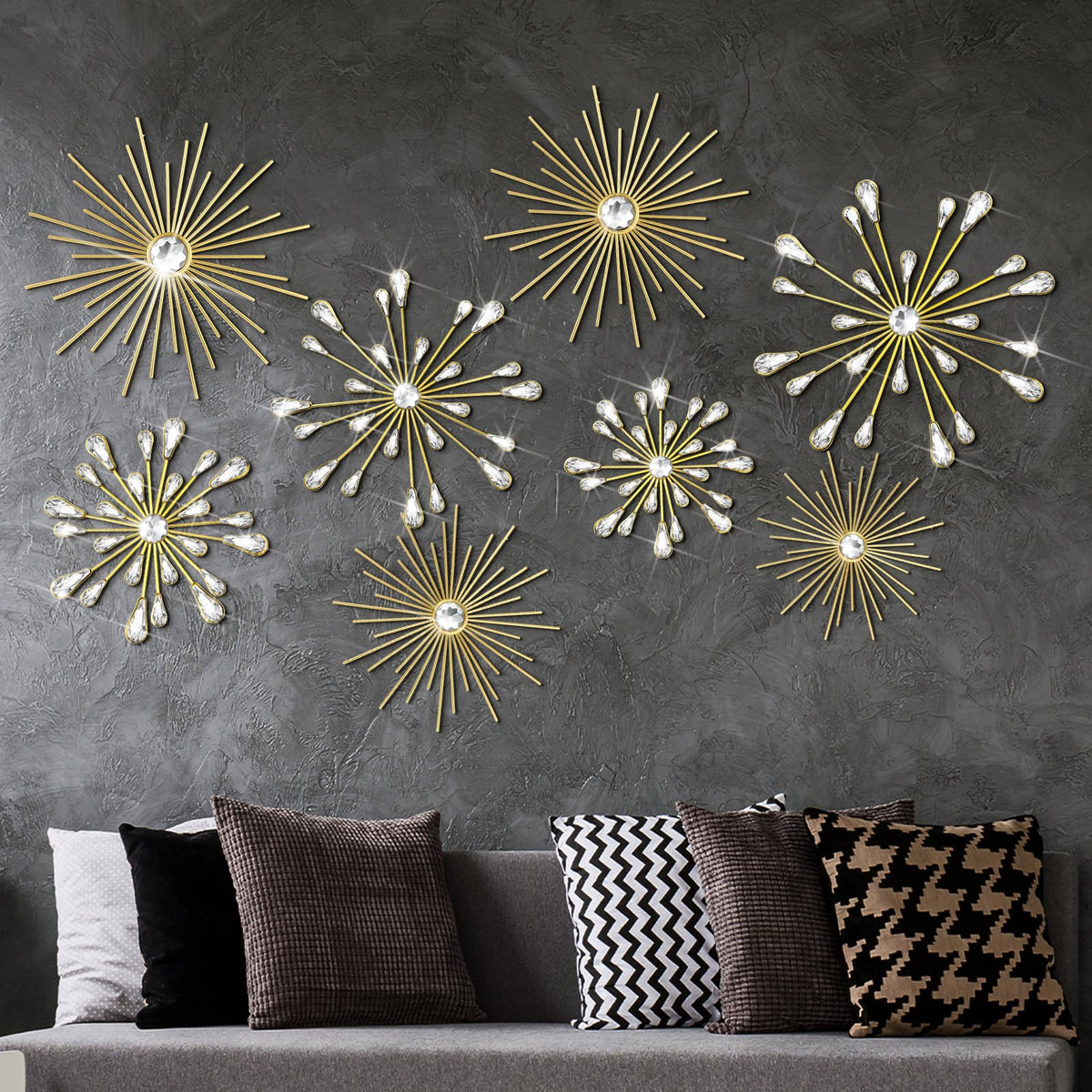 Blulu 8 Pcs Silver Metal Starburst Wall Art, 3D Crystal Teardrop Rhinestone Wall Sculptures, Modern Mid Century Hanging Accents Decor for Living Room Bedroom Entryway Office Home Decoration
