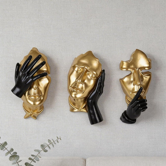 orenm 3-Piece Abstract Face Wall Sculptures, Resin Modern Art Wall Decor for Men Bedroom, Living Room, Office, Studio & Entertainment Center (Gold & black)