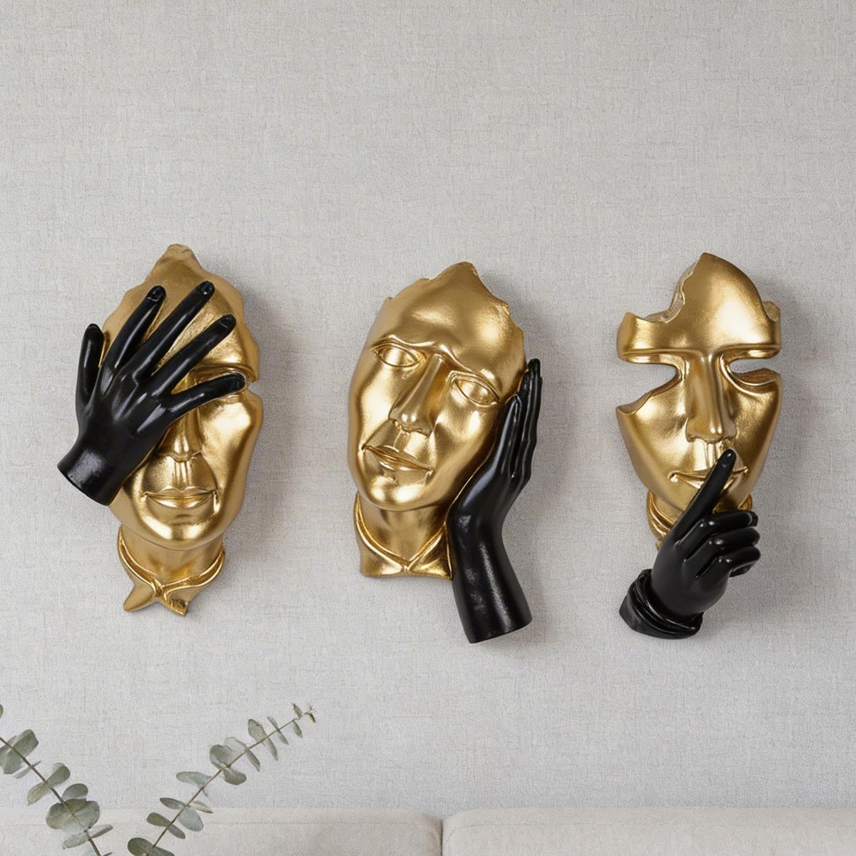 orenm 3-Piece Abstract Face Wall Sculptures, Resin Modern Art Wall Decor for Men Bedroom, Living Room, Office, Studio & Entertainment Center (Gold & black)