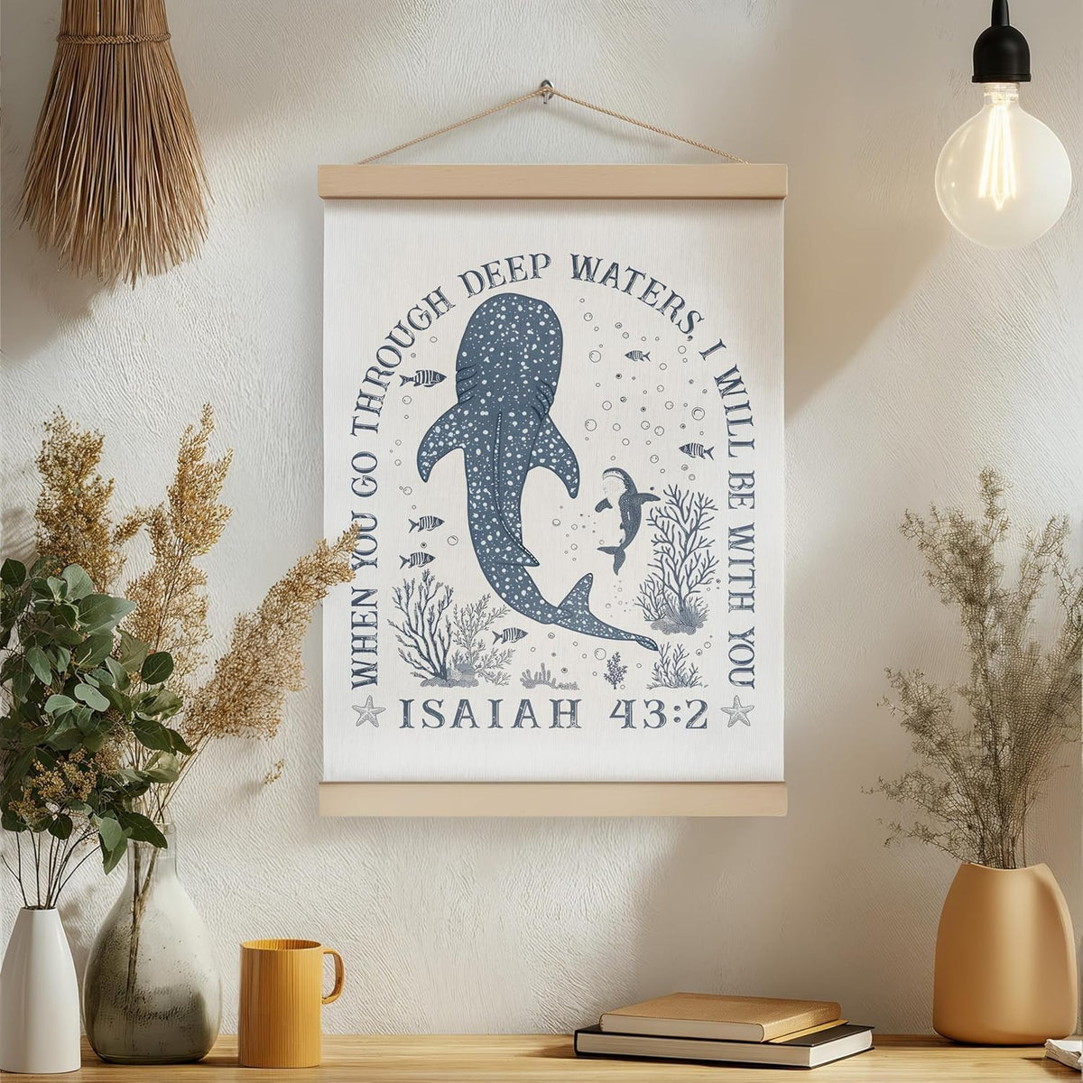ZNGFON Trendy Whale Shark Christian Wall Decor, When You Go Through Deep Waters I Will Be With You Isaiah 43:2 Wall Art Poster with Wooden Frame, Blue Bible Verse Wall Hanging Home Decor, 12x16 Inch