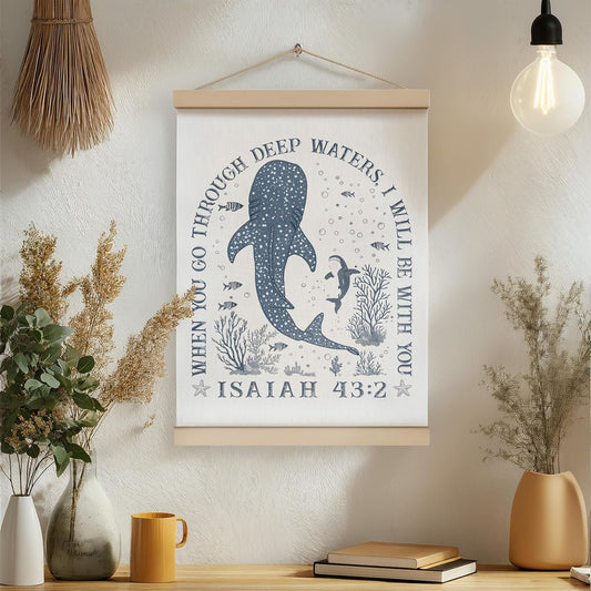 ZNGFON Trendy Whale Shark Christian Wall Decor, When You Go Through Deep Waters I Will Be With You Isaiah 43:2 Wall Art Poster with Wooden Frame, Blue Bible Verse Wall Hanging Home Decor, 12x16 Inch