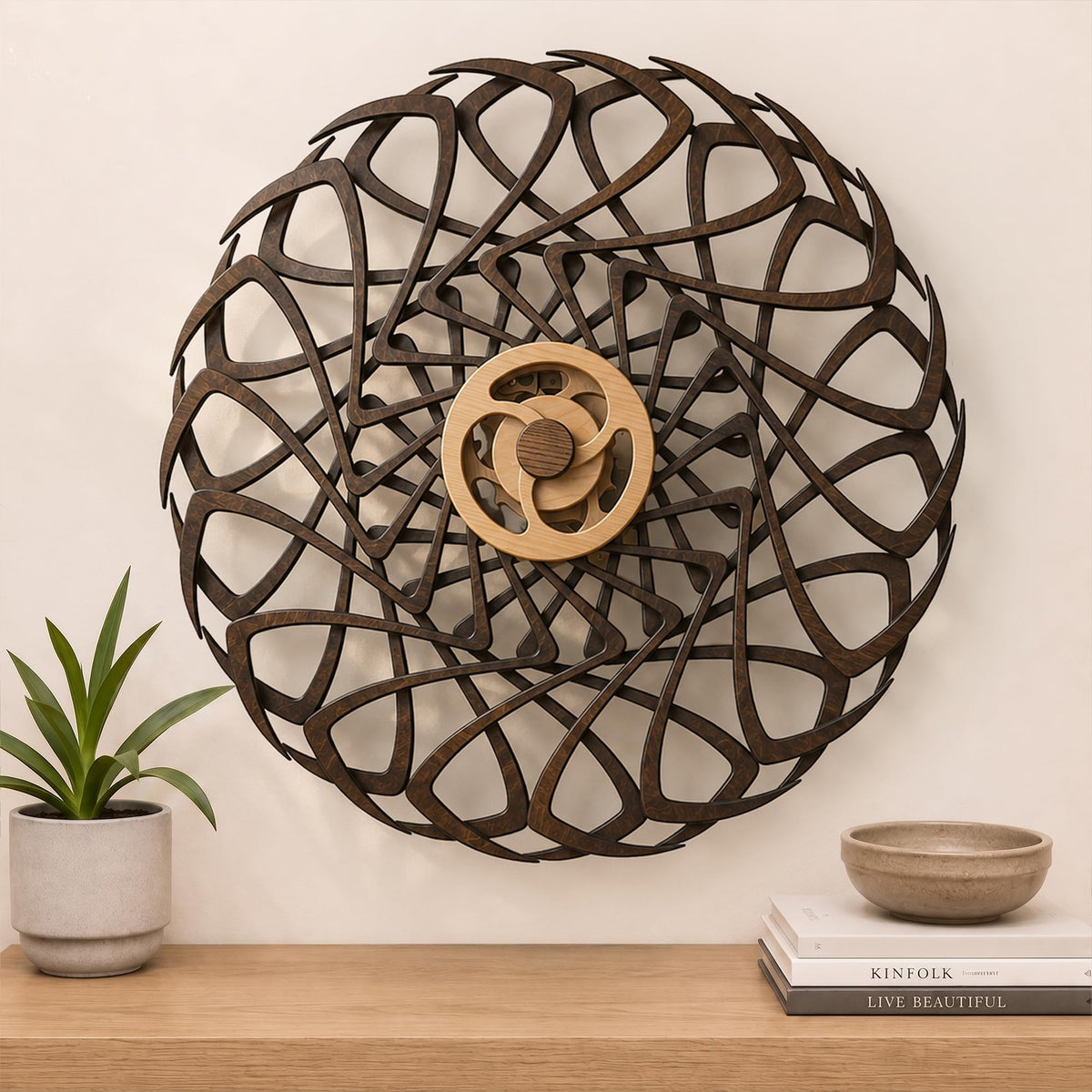 Mindsight Moving Kinetic Wall Art - Wind up to power peaceful motion (no battery) - Calming Wall Décor for Living Room, Office, Bedroom, Kitchen - Hand Crafted Wood - Ripple, Canyon Brown