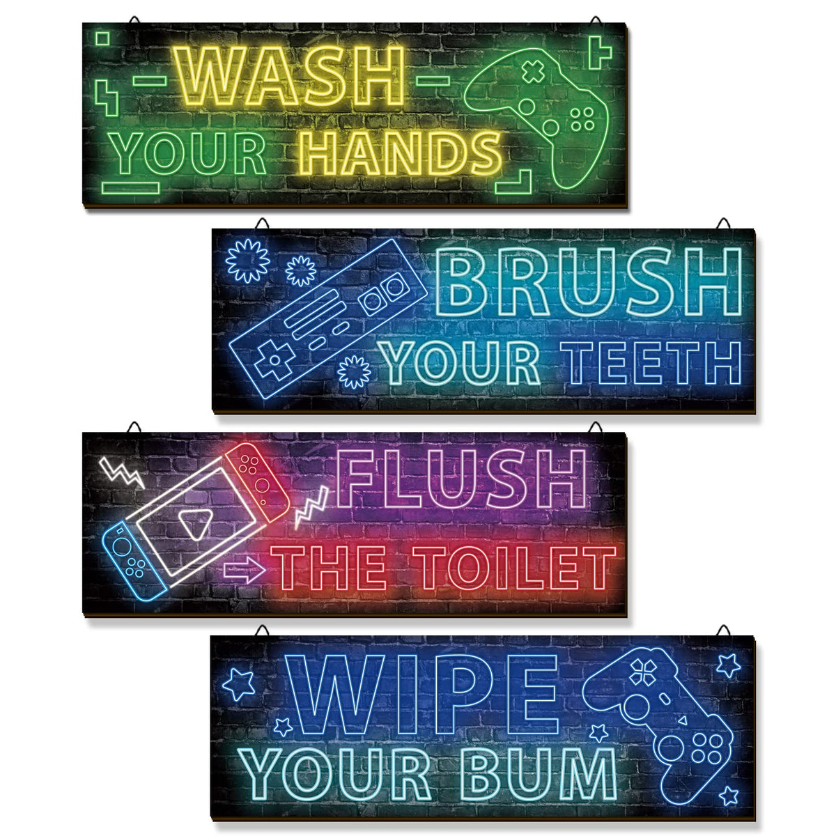 YLOLUL 4pcs Neon Game Art Prints, Wood Wall Art Decor for Boys Room, Gamer Decorations, Inspirational Quote Wall Decor, Modern Home Decor, 12 x 4 Inch, Red