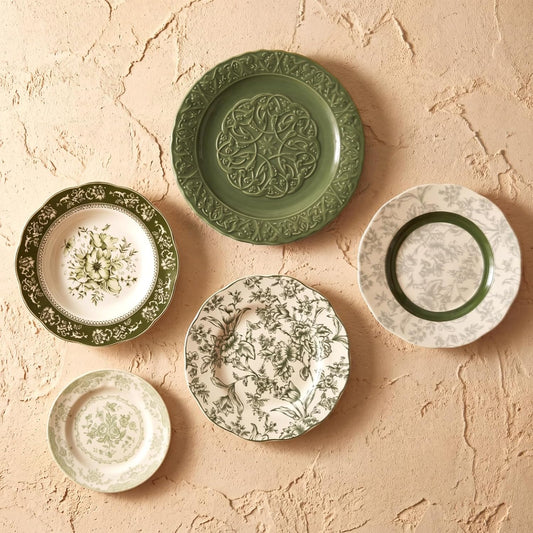 Yiyiring 5 Pcs Coastal Vintage Ceramic Wall Plates Set, Green Decoration Hanging Plates with Botanical Patterns, Holland Vintage Gifts for Wall, Home Office Art Ornament(Emerald)