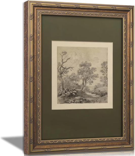 Vintage Gold Framed Wall Art Tree Forest Landscape Painting Canvas Prints Green Gray Tree Natural Sketch Picture Rustic Farmhouse Poster Artwork for Living Room Bedroom Bathroom, 9x11in