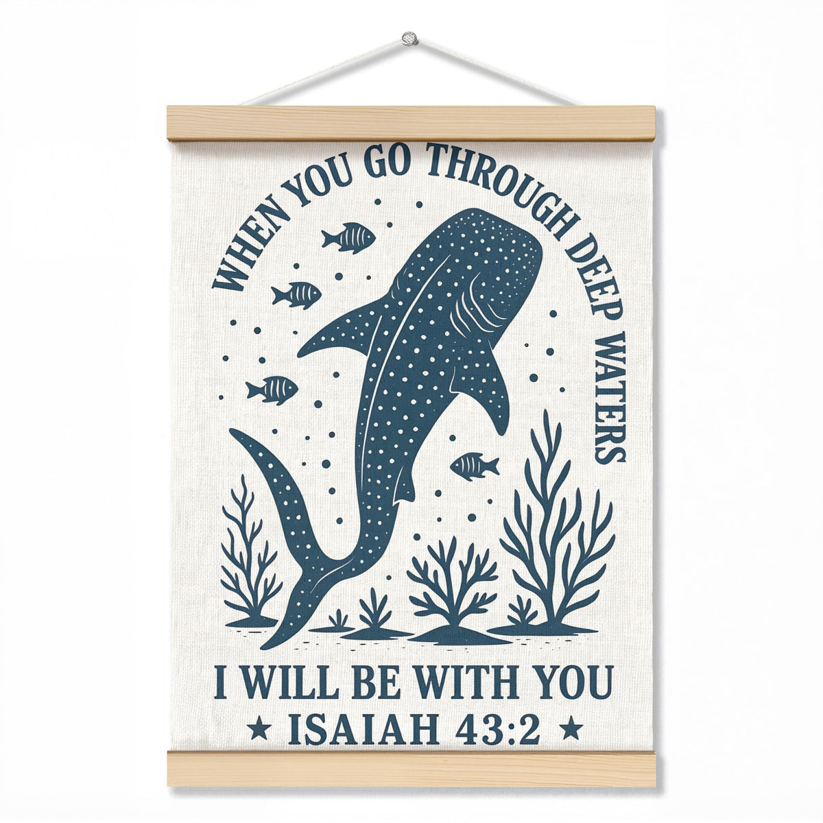 ZNGFON Trendy Whale Shark Christian Wall Decor, When You Go Through Deep Waters I Will Be With You Isaiah 43:2 Wall Art Poster with Wooden Frame, Blue Bible Verse Wall Hanging Home Decor, 12x16 Inch