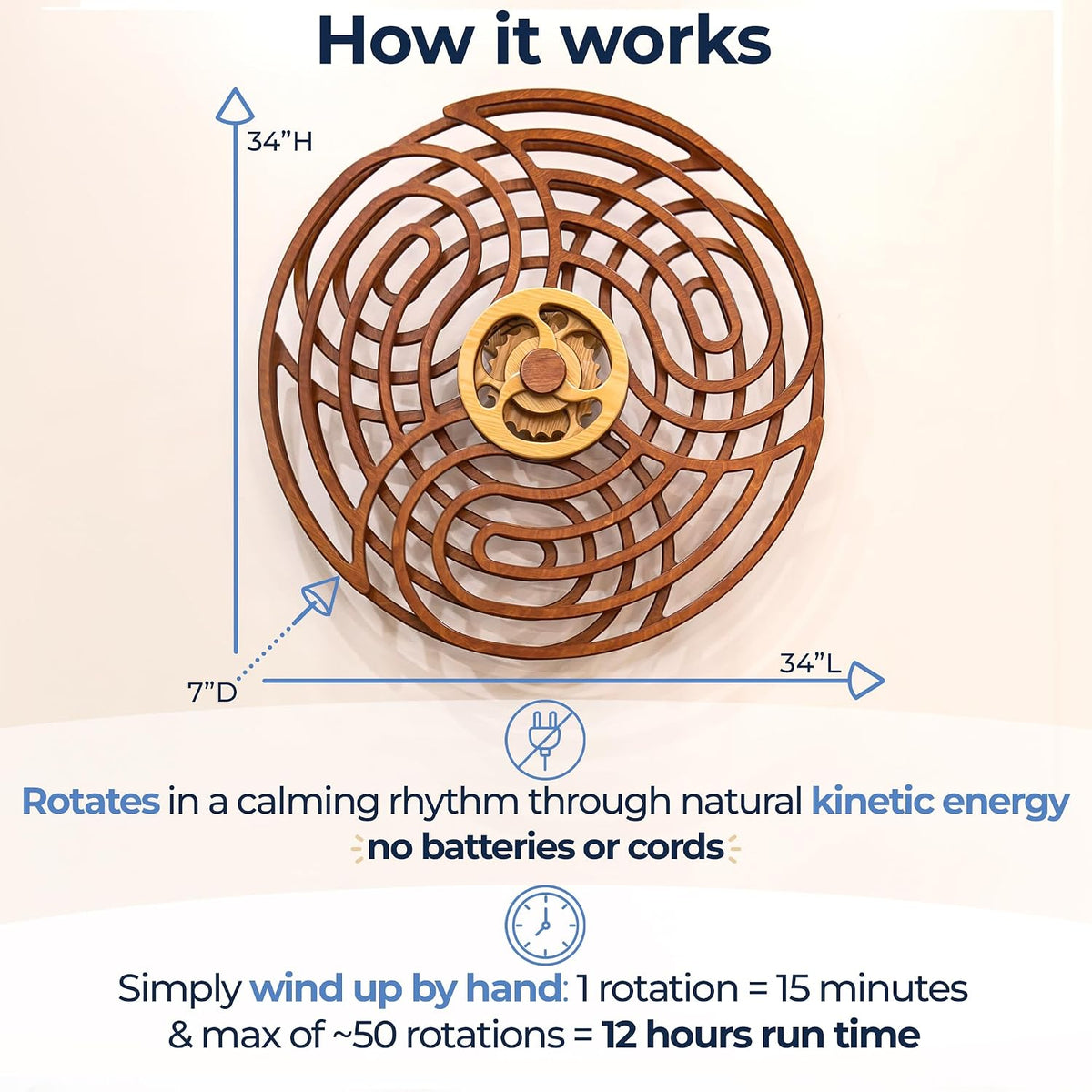 Mindsight Moving Kinetic Wall Art - Wind up to power peaceful motion (no battery) - Calming Wall Décor for Living Room, Office, Bedroom, Kitchen - Hand Crafted Wood - Ripple, Canyon Brown