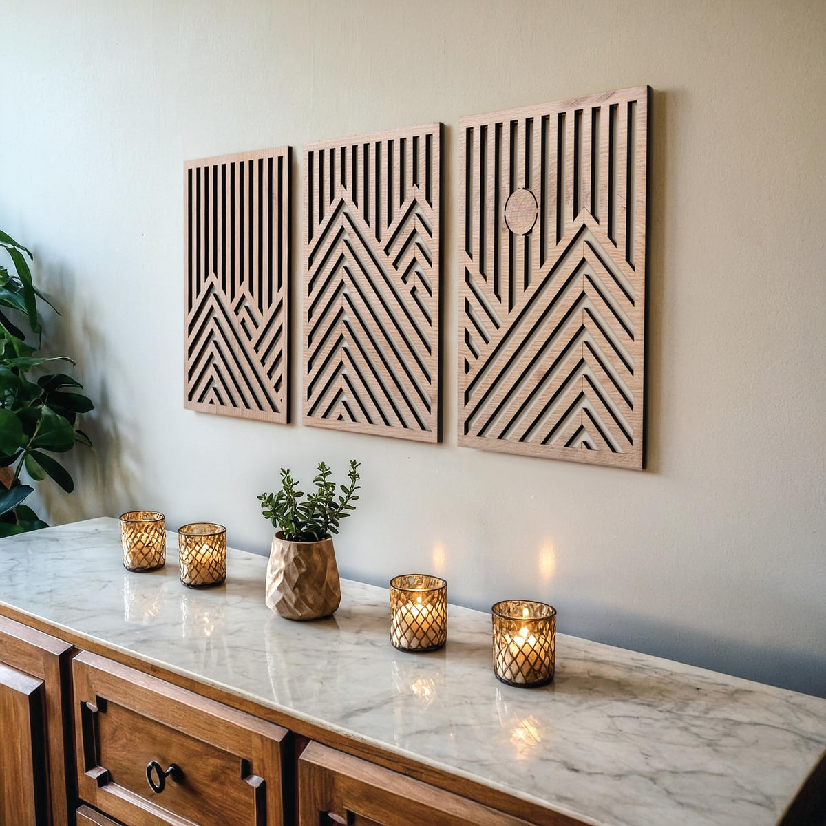 qmmp Modern Wooden Wall Sculptures - Set of 3 - Home Decor Accent - Large Wall Art for Living Room, Bedroom, Office - Easy Installation (Walnut, Medium - Tree Leaves)