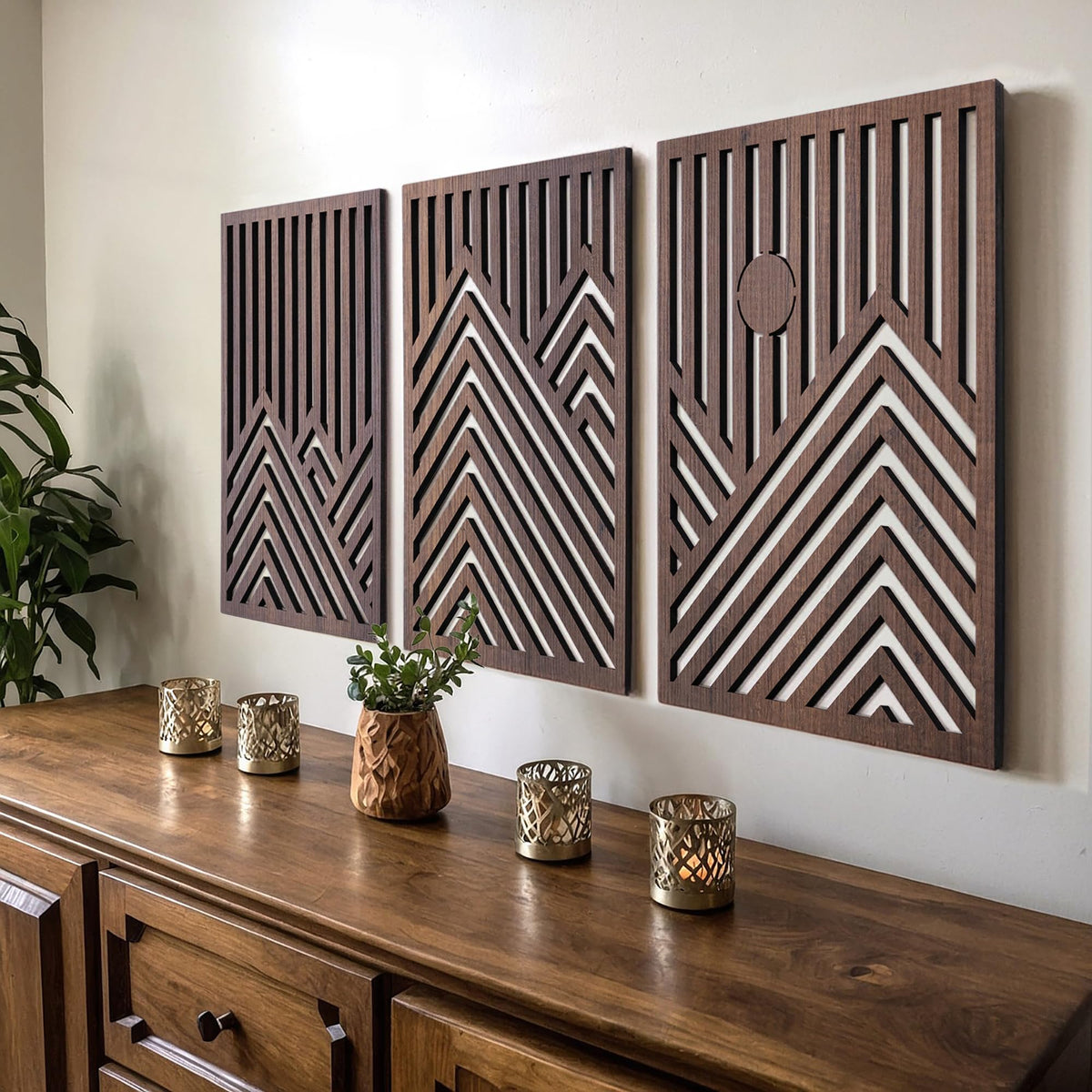 qmmp Modern Wooden Wall Sculptures - Set of 3 - Home Decor Accent - Large Wall Art for Living Room, Bedroom, Office - Easy Installation (Walnut, Medium - Tree Leaves)