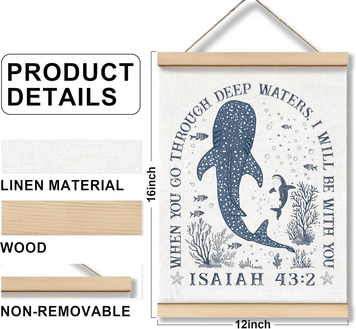ZNGFON Trendy Whale Shark Christian Wall Decor, When You Go Through Deep Waters I Will Be With You Isaiah 43:2 Wall Art Poster with Wooden Frame, Blue Bible Verse Wall Hanging Home Decor, 12x16 Inch