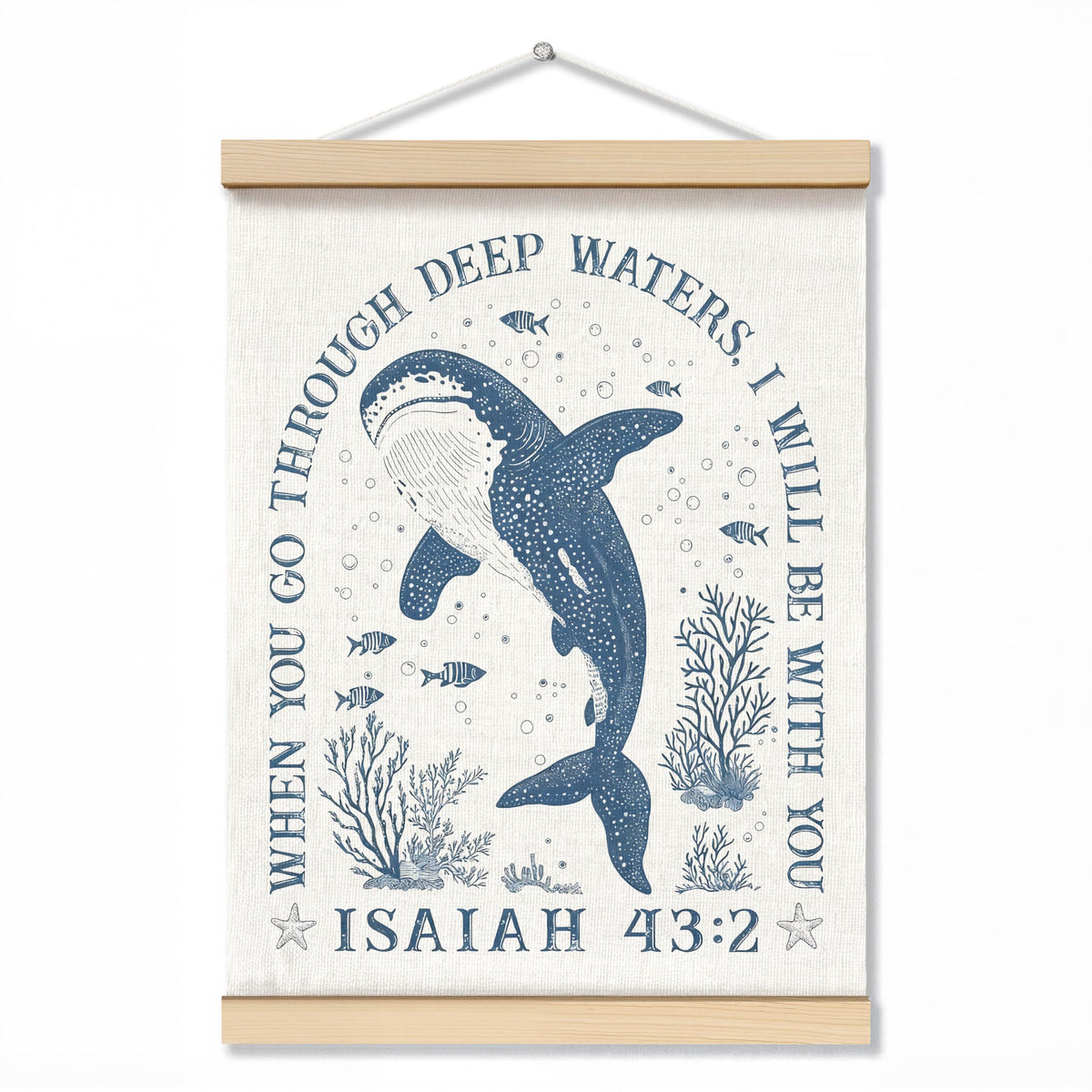 ZNGFON Trendy Whale Shark Christian Wall Decor, When You Go Through Deep Waters I Will Be With You Isaiah 43:2 Wall Art Poster with Wooden Frame, Blue Bible Verse Wall Hanging Home Decor, 12x16 Inch