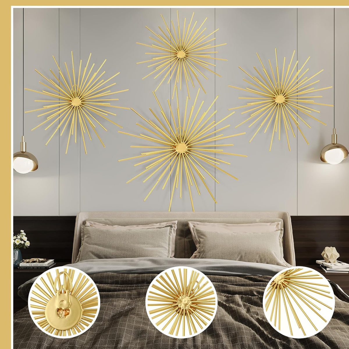 Shimeyao 4 Pcs Gold Starburst Wall Decor, Metal 3D Spike Wall Art Set