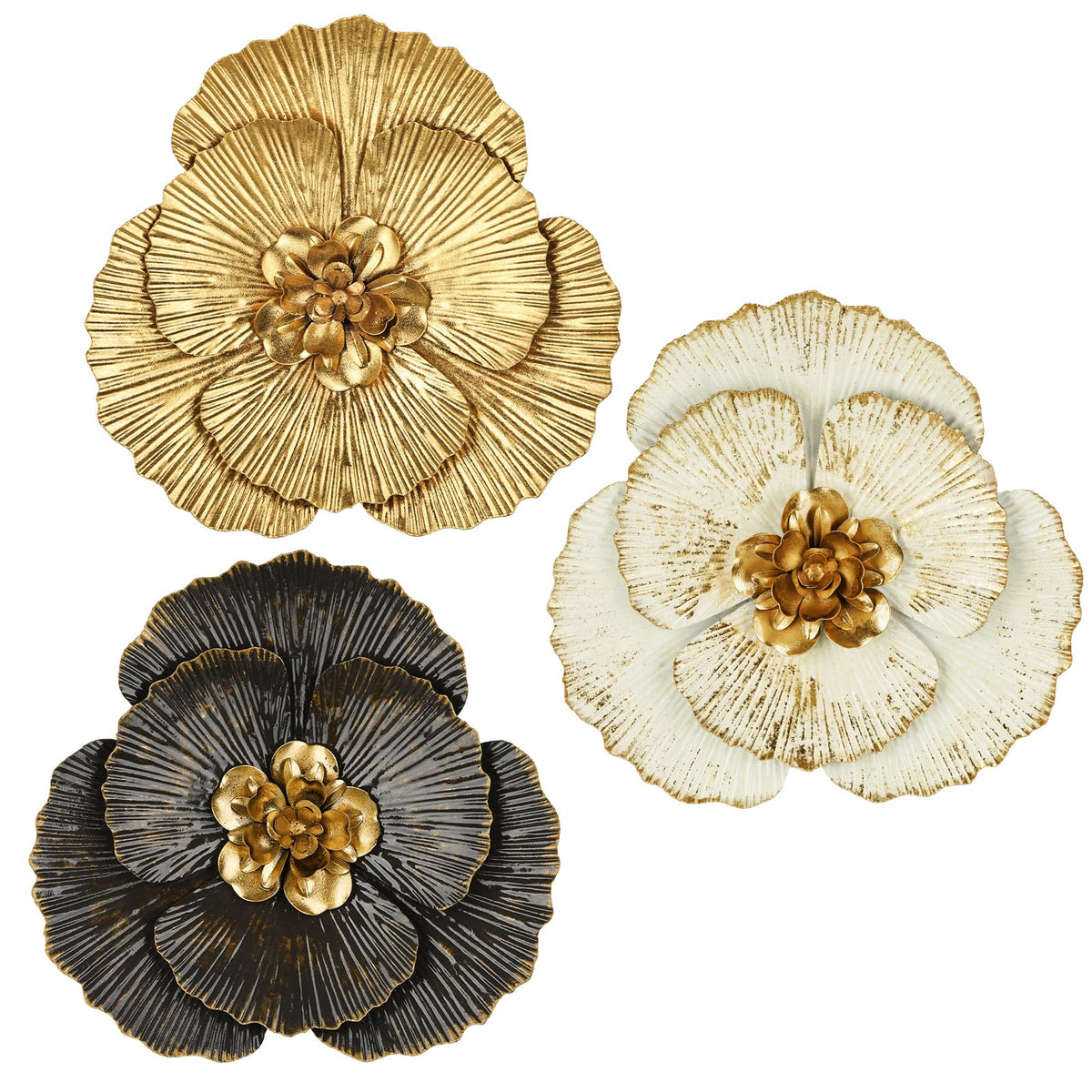 DILATATA 3 Pcs Metal Flower Wall Art Set 10 Inch Rustic Modern Floral Sculpture 3D Metal Flower Wall Hanging Accent for Indoor Living Room Bedroom Kitchen Bathroom Garden Patio Decor - Gold