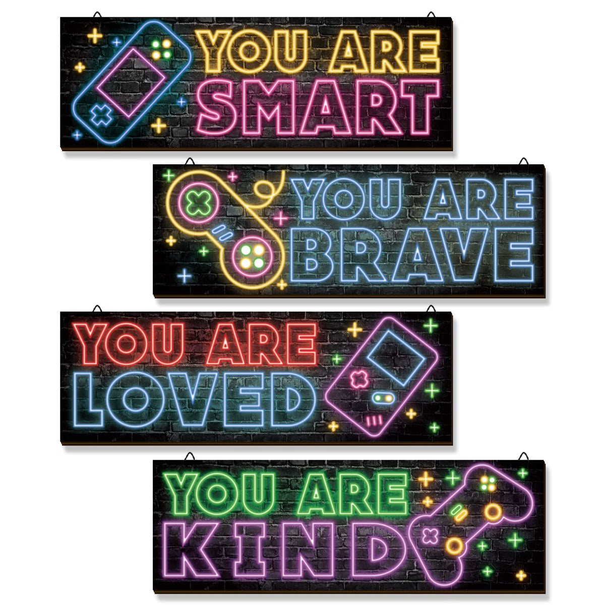 YLOLUL 4pcs Neon Game Art Prints, Wood Wall Art Decor for Boys Room, Gamer Decorations, Inspirational Quote Wall Decor, Modern Home Decor, 12 x 4 Inch, Red