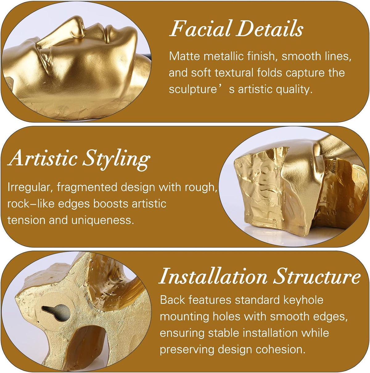 orenm 3-Piece Abstract Face Wall Sculptures, Resin Modern Art Wall Decor for Men Bedroom, Living Room, Office, Studio & Entertainment Center (Gold & black)