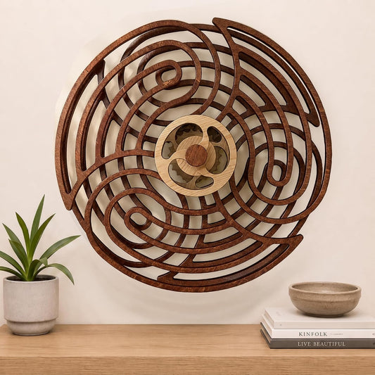 Mindsight Moving Kinetic Wall Art - Wind up to power peaceful motion (no battery) - Calming Wall Décor for Living Room, Office, Bedroom, Kitchen - Hand Crafted Wood - Ripple, Canyon Brown