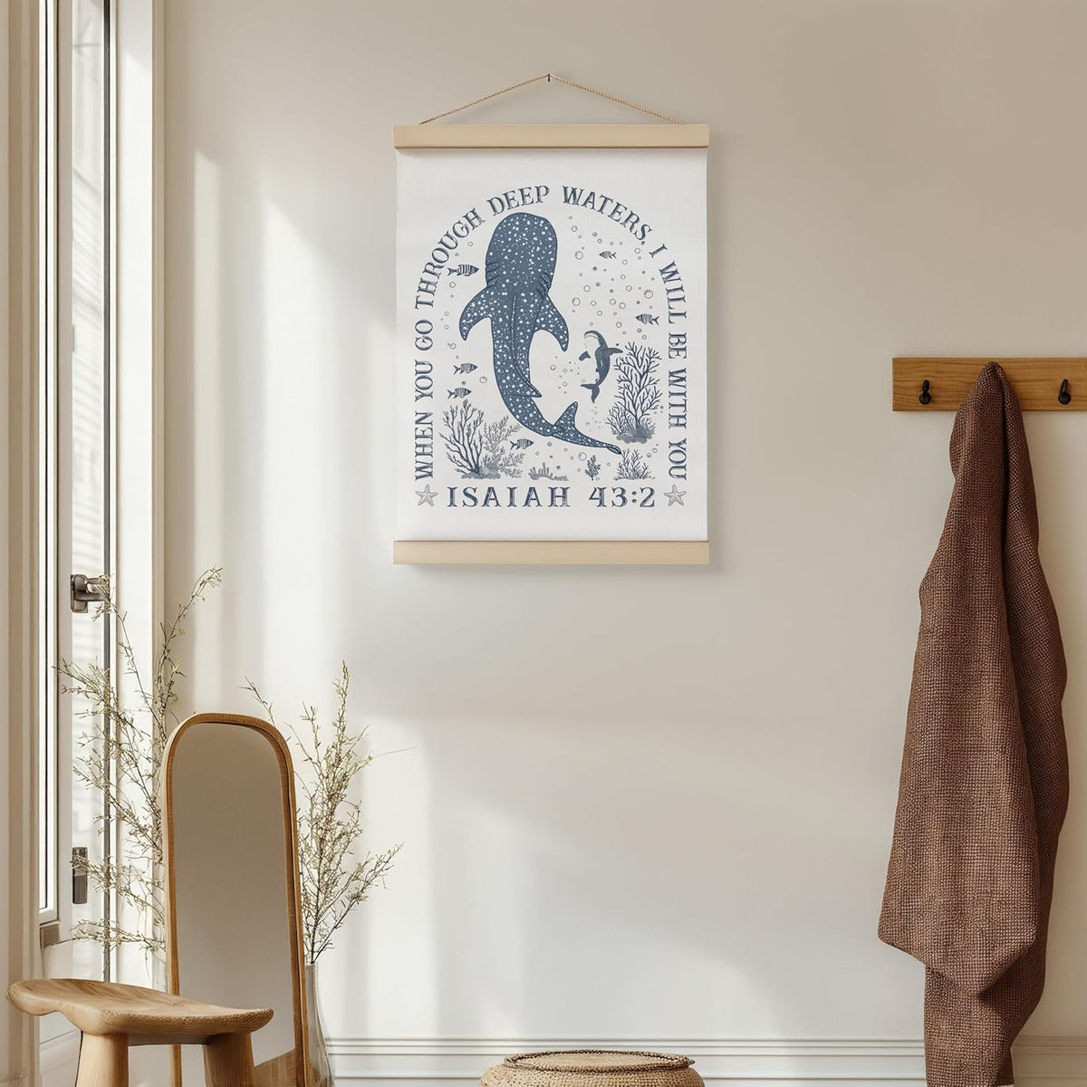 ZNGFON Trendy Whale Shark Christian Wall Decor, When You Go Through Deep Waters I Will Be With You Isaiah 43:2 Wall Art Poster with Wooden Frame, Blue Bible Verse Wall Hanging Home Decor, 12x16 Inch