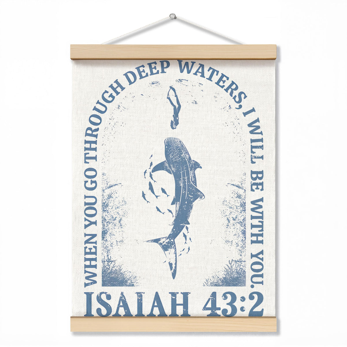 ZNGFON Trendy Whale Shark Christian Wall Decor, When You Go Through Deep Waters I Will Be With You Isaiah 43:2 Wall Art Poster with Wooden Frame, Blue Bible Verse Wall Hanging Home Decor, 12x16 Inch