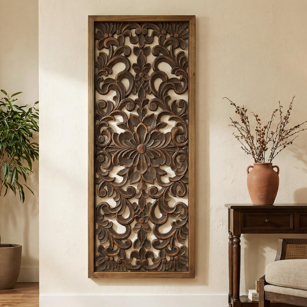 WREVERW Rustic Boho Arched Wood Wall Art, Hand-Carved Floral Pane