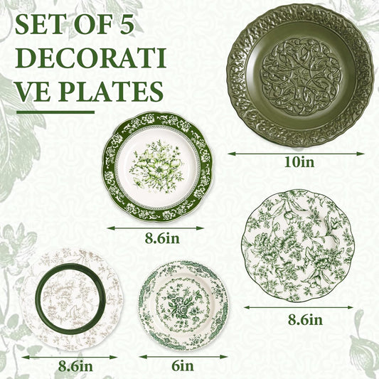 Yiyiring 5 Pcs Coastal Vintage Ceramic Wall Plates Set, Green Decoration Hanging Plates with Botanical Patterns, Holland Vintage Gifts for Wall, Home Office Art Ornament(Emerald)