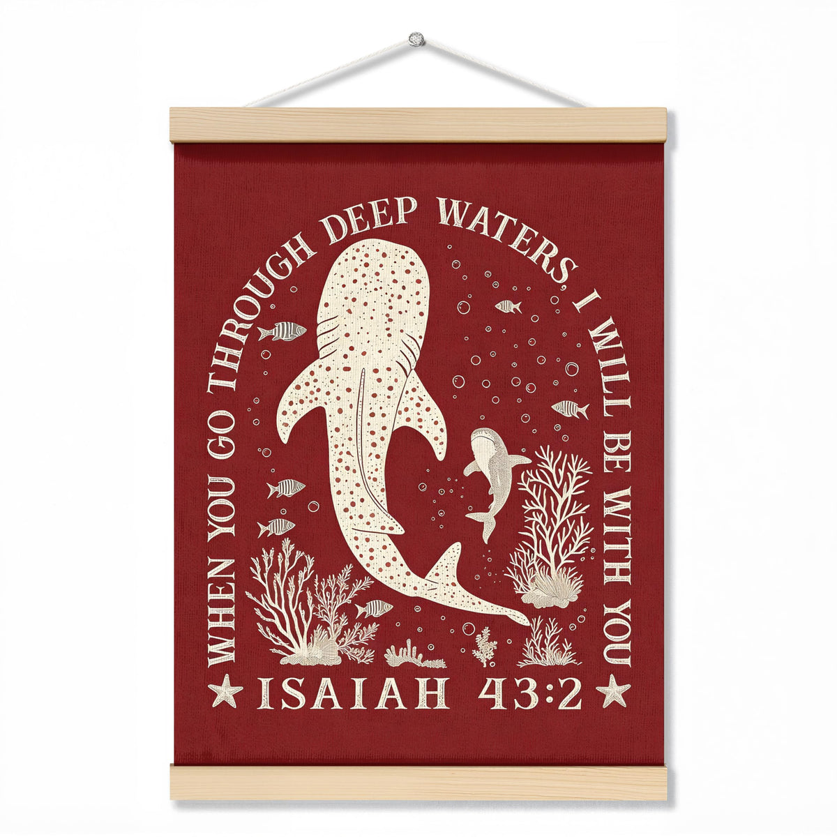 ZNGFON Trendy Whale Shark Christian Wall Decor, When You Go Through Deep Waters I Will Be With You Isaiah 43:2 Wall Art Poster with Wooden Frame, Blue Bible Verse Wall Hanging Home Decor, 12x16 Inch