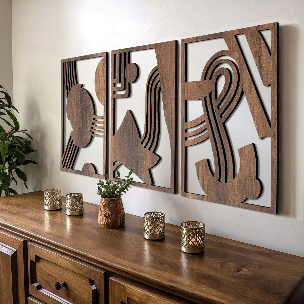 qmmp Modern Wooden Wall Sculptures - Set of 3 - Home Decor Accent - Large Wall Art for Living Room, Bedroom, Office - Easy Installation (Walnut, Medium - Tree Leaves)