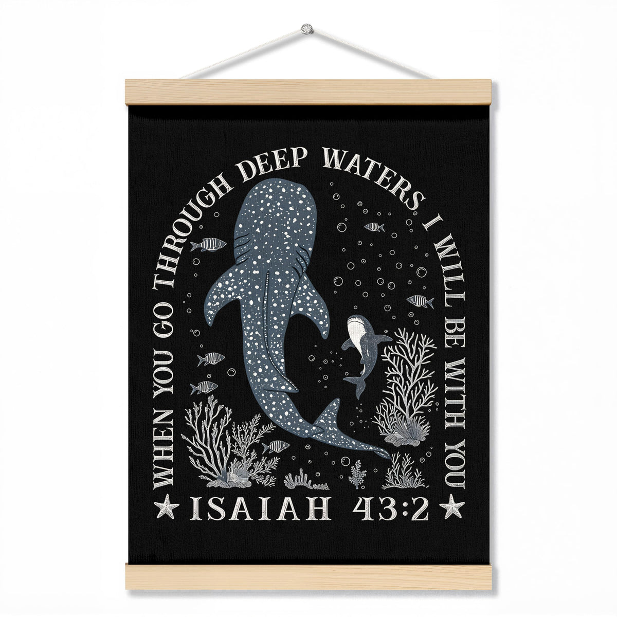 ZNGFON Trendy Whale Shark Christian Wall Decor, When You Go Through Deep Waters I Will Be With You Isaiah 43:2 Wall Art Poster with Wooden Frame, Blue Bible Verse Wall Hanging Home Decor, 12x16 Inch