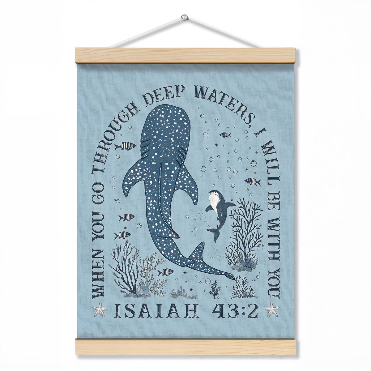 ZNGFON Trendy Whale Shark Christian Wall Decor, When You Go Through Deep Waters I Will Be With You Isaiah 43:2 Wall Art Poster with Wooden Frame, Blue Bible Verse Wall Hanging Home Decor, 12x16 Inch