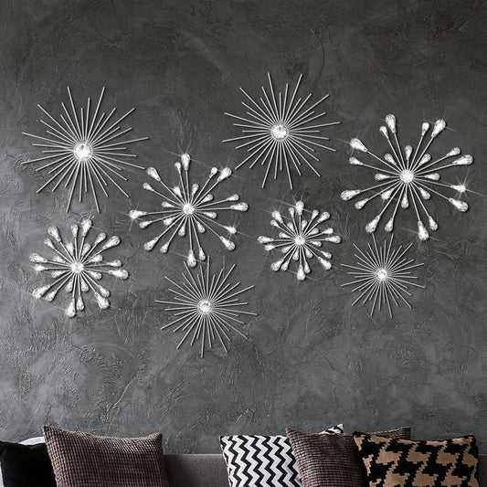 Blulu 8 Pcs Silver Metal Starburst Wall Art, 3D Crystal Teardrop Rhinestone Wall Sculptures, Modern Mid Century Hanging Accents Decor for Living Room Bedroom Entryway Office Home Decoration