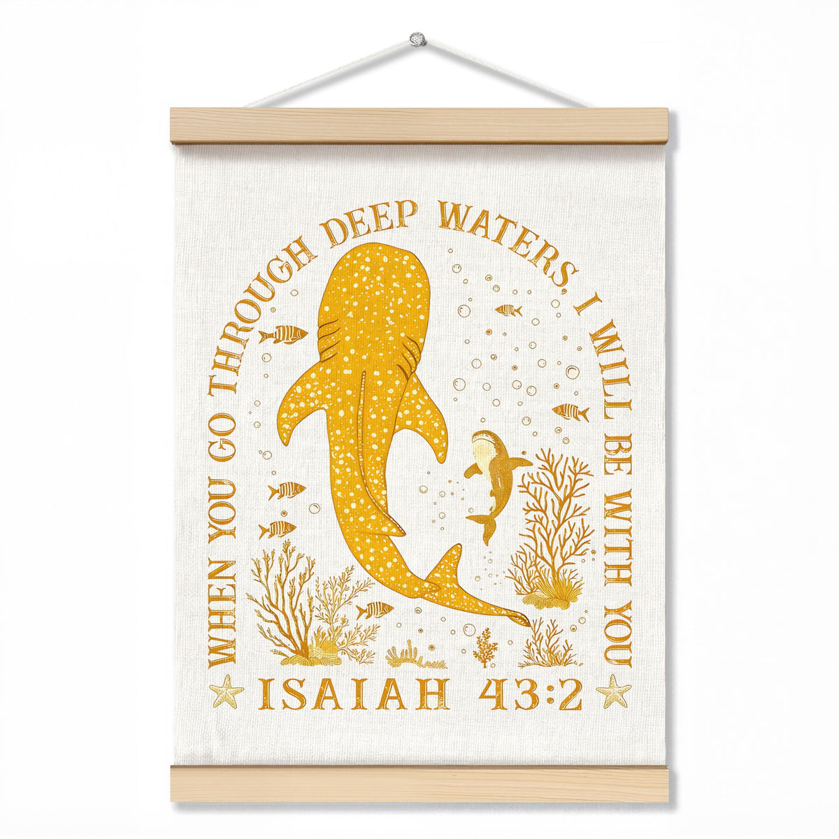 ZNGFON Trendy Whale Shark Christian Wall Decor, When You Go Through Deep Waters I Will Be With You Isaiah 43:2 Wall Art Poster with Wooden Frame, Blue Bible Verse Wall Hanging Home Decor, 12x16 Inch