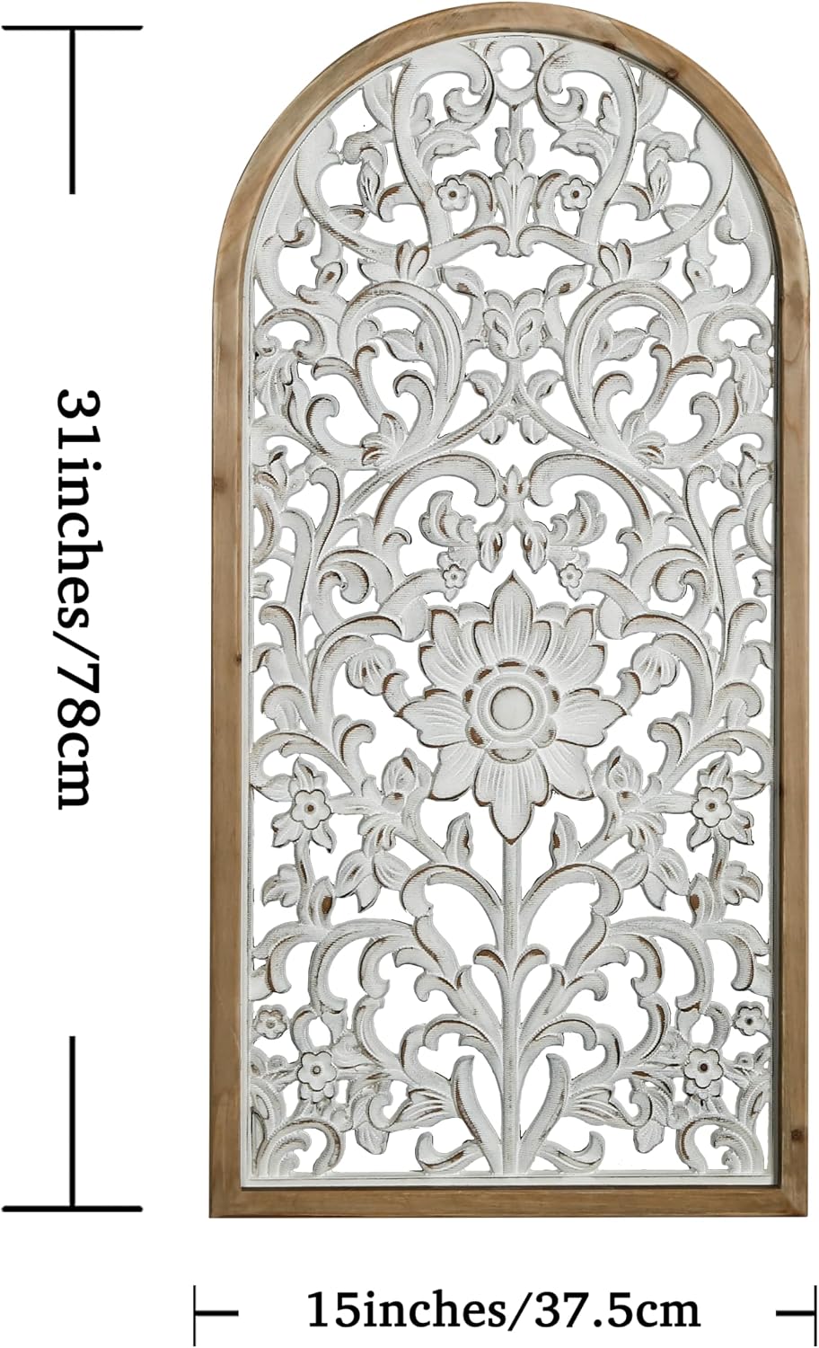 WREVERW Rustic Boho Arched Wood Wall Art, Hand-Carved Floral Pane