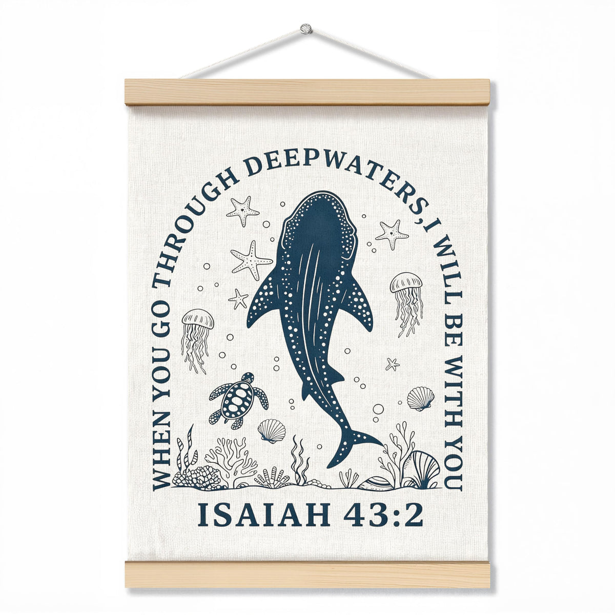ZNGFON Trendy Whale Shark Christian Wall Decor, When You Go Through Deep Waters I Will Be With You Isaiah 43:2 Wall Art Poster with Wooden Frame, Blue Bible Verse Wall Hanging Home Decor, 12x16 Inch